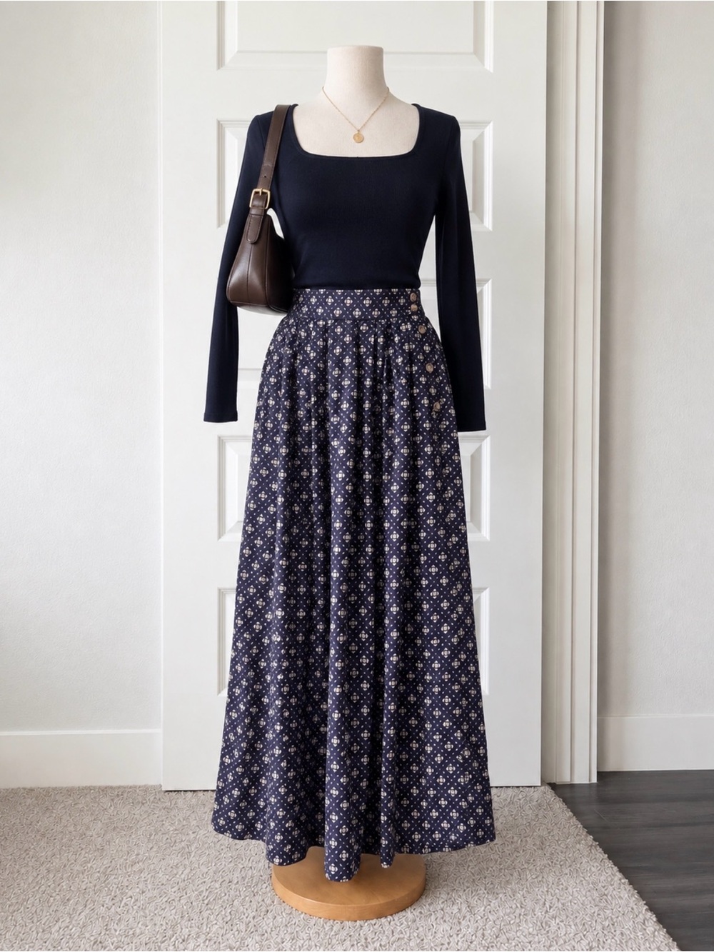 Vintage David Brooks Prairie Navy Geometric Floral Cottagecore Maxi Skirt